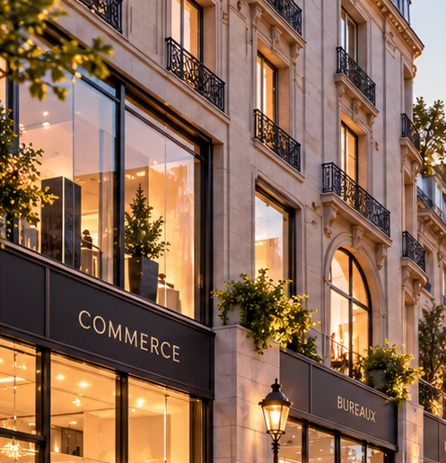Illustration d'un immeuble de caract&egrave;re avec commerces et bureaux dans une lumi&egrave;re chaleureuse.